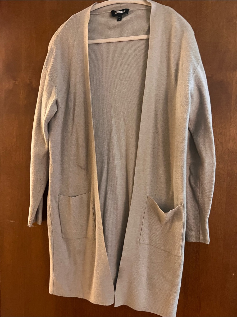 Express Open-Front Long Cardigan Sweater in Light Taupe